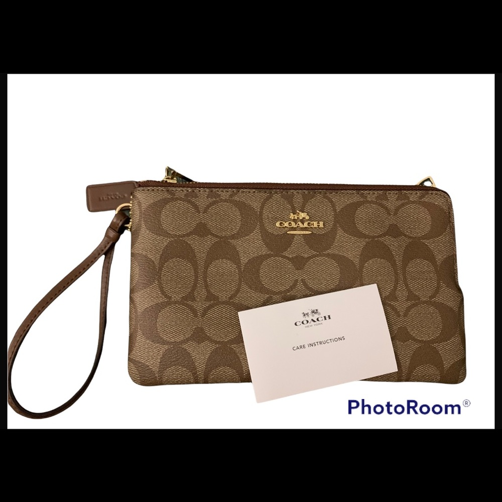 Double Corner Zip Coach Wristlet In Signature Canvas Brown/Tan